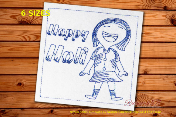 Happy Holi with Cute Girl Redwork